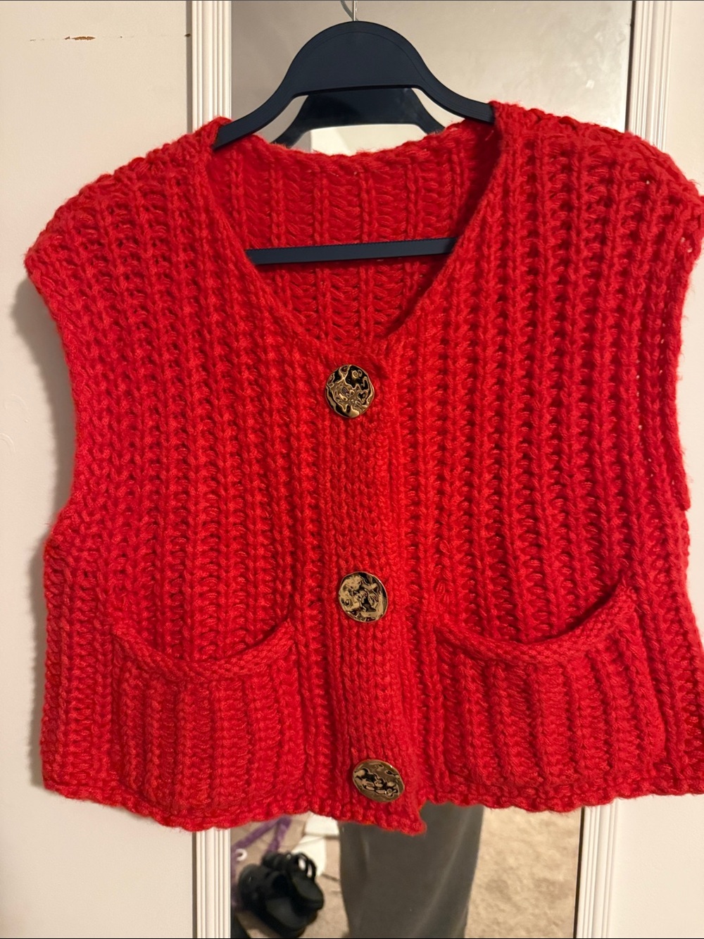 Red Chunky Knit Sleeveless Cardigan Vest with Decorative Buttons